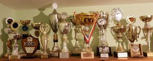 גביעים ומגינים שנצברו לאורך השנים בתחרויות לאומיות ובין לאומיות. במרכז, אלוף העולם בשנת 1999